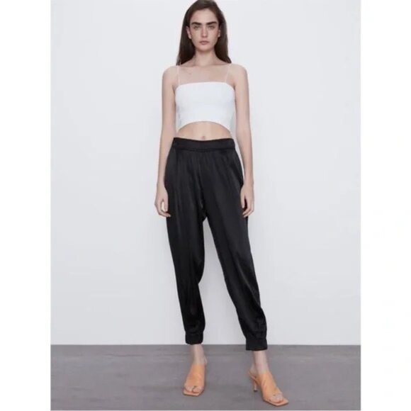 New Zara Women's Pull On Navy Trousers Jogger Style Pants with Elastic Waistband - Picture 2 of 10